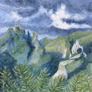 An acrylic painting of Arizona mountains with strong blue and green tones.