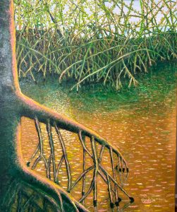 An oil painting of Mangrove swamp. A mangrove tree is in the foreground coming out of the golden water.