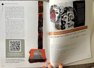 A magazine spread showing images of the They Had No Time To Say Goodbye installation plus a spread from the book of the same title and a poem written by Linda Piper.